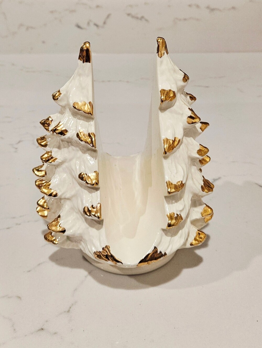 Vintage White and Gold Ceramic Christmas Tree Napkin Holder